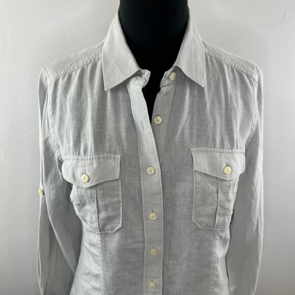 CLUB MONACO Button Down Top Shirt Blouse Gray Linen Long Sleeve Pockets Size? - Picture 3 of 8